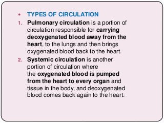  TYPES OF CIRCULATION
1. Pulmonary circulation is a portion of
circulation responsible for carrying
deoxygenated blood away from the
heart, to the lungs and then brings
oxygenated blood back to the heart.
2. Systemic circulation is another
portion of circulation where
the oxygenated blood is pumped
from the heart to every organ and
tissue in the body, and deoxygenated
blood comes back again to the heart.
 