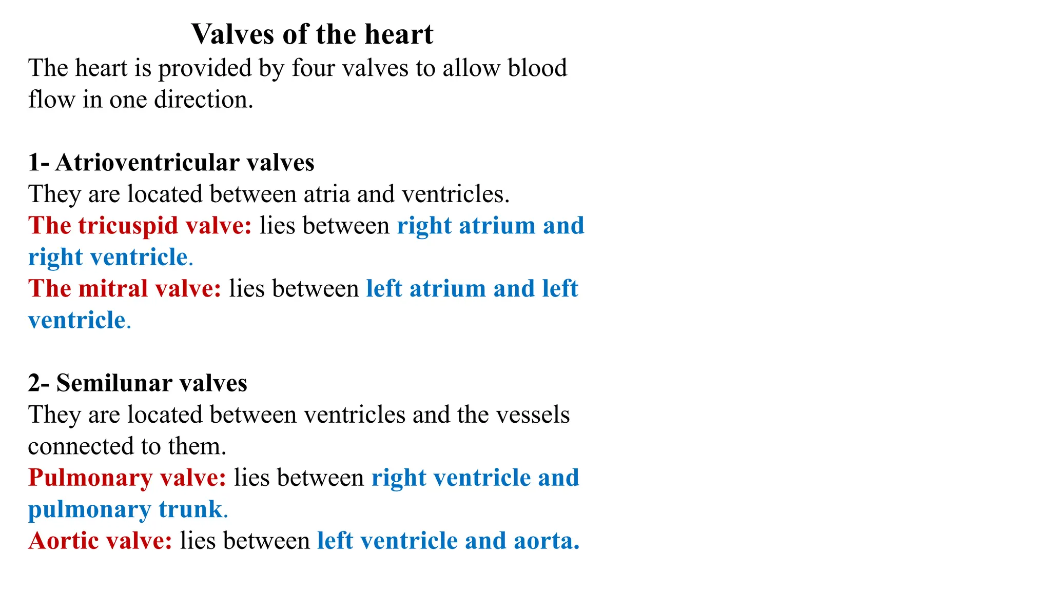 Valves of the heart
The heart is provided by four valves to allow blood
flow in one direction.
1- Atrioventricular valves
They are located between atria and ventricles.
The tricuspid valve: lies between right atrium and
right ventricle.
The mitral valve: lies between left atrium and left
ventricle.
2- Semilunar valves
They are located between ventricles and the vessels
connected to them.
Pulmonary valve: lies between right ventricle and
pulmonary trunk.
Aortic valve: lies between left ventricle and aorta.
 