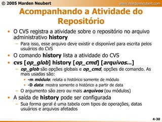 Acompanhando a Atividade do Repositório O CVS registra a atividade sobre o repositório no arquivo administrativo  history Para isso, esse arquivo deve existir e disponível para escrita pelos usuários do CVS O comando  history  lista a atividade do CVS cvs [ op_glob ] history [ op_cmd ] [ arquivos ...] op_glob  são opções globais e  op_cmd , opções de comando. As mais usadas são: -m  módulo : relata o histórico somente de módulo -D  data : mostra somente o histórico a partir de data O argumento são zero ou mais  arquivos  (ou módulos) A saída de  history  pode ser configurada Sua forma geral é uma tabela com tipos de operações, datas usuários e arquivos afetados 