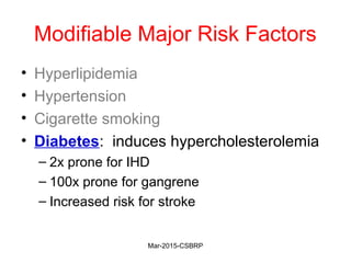 Modifiable Major Risk Factors
• Hyperlipidemia
• Hypertension
• Cigarette smoking
• Diabetes: induces hypercholesterolemia
– 2x prone for IHD
– 100x prone for gangrene
– Increased risk for stroke
Mar-2015-CSBRP
 
