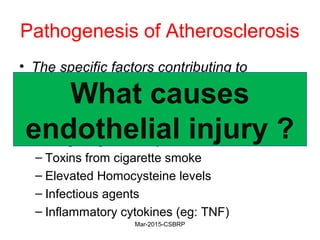 Pathogenesis of Atherosclerosis
• The specific factors contributing to
endothelial cell dysfunction in early
atherosclerosis are not completely
understood
• Etiologic agents may include:
– Toxins from cigarette smoke
– Elevated Homocysteine levels
– Infectious agents
– Inflammatory cytokines (eg: TNF)
What causes
endothelial injury ?
Mar-2015-CSBRP
 