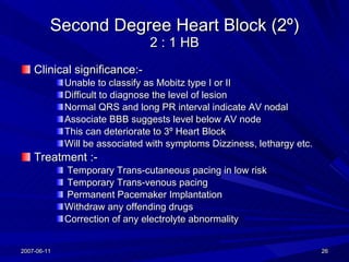 Second Degree Heart Block (2 º) 2 : 1 HB <ul><li>Clinical significance:-  </li></ul><ul><ul><ul><li>Unable to classify as ...