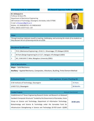 VTU Faculty Profile ID: 4GMME0002588; VTU Research Supervisor Profile ID: VTU0817343
Dr. Srinivasa C.V.
Professor & Dean IPR,
Department of Mechanical Engineering
GM Institute of Technology, Davangere, Karnataka, India 577006
E-mail: srinivasacv@gmit.ac.in
Mobile: +91 9448588792/ +91 9480363630
Office: 08192-233377 Extn: 147
Vision
Through teaching I dedicate myself to inspiring, challenging, and nurturing the minds of my students as
they discover the art of learning and the art of life.
Educational Qualifications
1 Ph.D. (Mechanical Engineering), J.N.N.C.E., Shivamogga, VTU Belagavi (2014)
2 M.Tech.(Design Engineering) K.L.E C.E.T., Belagavi, VTU Belagavi (2003)
3 B.E., N.M.A.M.I.T, Nitte, Mangaluru University (2001)
Field of Specialization
Major – Solid Mechanics
Ancillary – Applied Mechanics, Composites, Vibrations, Buckling, Finite Element Method
Professional Details Total experience: 16 years (Teaching:16)
G M Institute of Technology, Davangere 15 Years
U.B.D.T.C.E, Davangere 08 Months
Funded Projects Amount Sanctioned
Establishment of “Green Engineering Research Center and Research on Biobased
Sandwich Composite Structures” funded by the Government of Karnataka, Vision
Group on Science and Technology, Department of Information Technology,
Biotechnology and Science & Technology under the Karnataka Fund for
Infrastructure Strengthening in Science and Technology (K-FIST–Level– I)[GRD
20.00 Lakhs
 