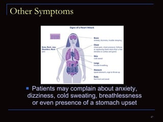 Other Symptoms Patients may complain about anxiety, dizziness, cold sweating, breathlessness or even presence of a stomach upset 