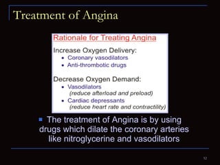 Treatment of Angina The treatment of Angina is by using drugs which dilate the coronary arteries like nitroglycerine and vasodilators 
