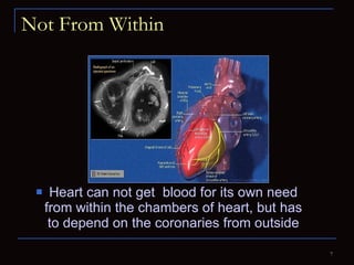 Not From Within Heart can not get  blood for its own need from within the chambers of heart, but has to depend on the coronaries from outside 