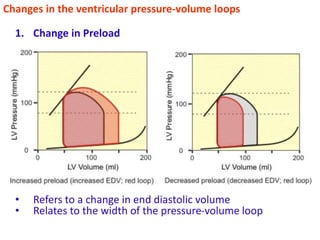 1. Change in Preload
• Refers to a change in end diastolic volume
• Relates to the width of the pressure-volume loop
Changes in the ventricular pressure-volume loops
 