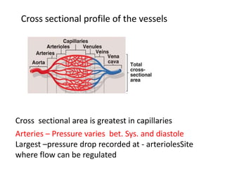 Cross sectional profile of the vessels
Cross sectional area is greatest in capillaries
Arteries – Pressure varies bet. Sys. and diastole
Largest –pressure drop recorded at - arteriolesSite
where flow can be regulated
 