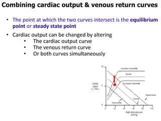 • The point at which the two curves intersect is the equilibrium
point or steady state point
• Cardiac output can be changed by altering
• The cardiac output curve
• The venous return curve
• Or both curves simultaneously
Combining cardiac output & venous return curves
 