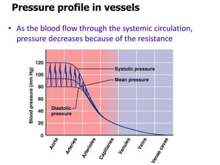 Pressure profile in vessels
• As the blood flow through the systemic circulation,
pressure decreases because of the resistance
 