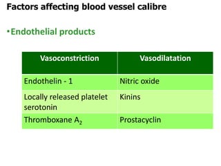 •Endothelial products
Factors affecting blood vessel calibre
Vasoconstriction Vasodilatation
Endothelin - 1 Nitric oxide
Locally released platelet
serotonin
Kinins
Thromboxane A2 Prostacyclin
 