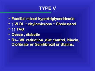 TYPE V
 Familial mixed hypertriglyceridemia
 ↑ VLDL ↑ chylomicrons ↑ Cholesterol
 ↑↑ TAG
 Obese , diabetic
 Rx– Wt. reduction ,diet control, Niacin,
Clofibrate or Gemfibrozil or Statins.
 