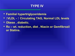 TYPE IV
 Familial hypertriglyceridemia
 ↑VLDL - ↑ Circulating TAG, Normal LDL levels
 Obese , diabetic.
 Rx – wt. reduction, diet , Niacin or Gemfibrozil
or Statins.
 