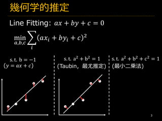 幾何学的推定
3
Line Fitting: 𝑎𝑥 + 𝑏𝑦 + 𝑐 = 0
min
𝑎,𝑏,𝑐
෍
𝑖
𝑎𝑥𝑖 + 𝑏𝑦𝑖 + 𝑐 2
s. t. b = −1 s. t. a2 + b2 = 1 s. t. a2 + b2 + c2 = 1
(最小二乗法)(Taubin，最尤推定)(𝑦 = 𝑎𝑥 + 𝑐)
 