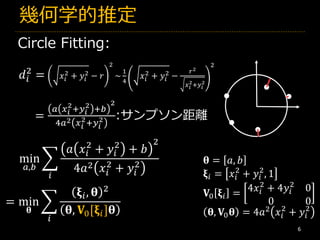 幾何学的推定
6
Circle Fitting:
=
𝑎 𝑥 𝑖
2
+𝑦𝑖
2
+𝑏
2
4𝑎2 𝑥 𝑖
2+𝑦𝑖
2 :サンプソン距離
min
𝑎,𝑏
෍
𝑖
𝑎 𝑥𝑖
2
+ 𝑦𝑖
2
+ 𝑏
2
4𝑎2 𝑥𝑖
2
+ 𝑦𝑖
2
= min
𝛉
෍
𝑖
𝛏𝑖, 𝛉 2
𝛉, 𝐕0[𝛏𝑖]𝛉
𝛉 = 𝑎, 𝑏
𝛏𝑖 = 𝑥𝑖
2
+ 𝑦𝑖
2
, 1
𝐕0 𝛏𝑖 = 4𝑥𝑖
2
+ 4𝑦𝑖
2
0
0 0
𝛉, 𝐕0 𝛉 = 4𝑎2 𝑥𝑖
2
+ 𝑦𝑖
2
𝑑𝑖
2
= 𝑥𝑖
2
+ 𝑦𝑖
2
− 𝑟
2
~
1
4
𝑥𝑖
2
+ 𝑦𝑖
2
−
𝑟2
𝑥 𝑖
2
+𝑦𝑖
2
2
 