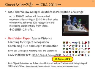 16 
• NIST and Willow Garage: Solutions in Perception Challenge 
MIL 
Machine Intelligence Lab. 
Kinectショック➁ ～ICRA 2011～ 
up to $10,000 dollars will be awarded 
exponentially starting at $3.50 for a first prize 
winner who achieves 80% recognition and 
increasing exponentially from there. 
その後続かなかった… 
• Best Vision Paper: Sparse Distance 
Learning for Object Recognition 
Combining RGB and Depth Information 
Kevin Lai, Liefeng Bo, Xiaofeng Ren, and Dieter Fox 
Intelとの共同研究で、RGB-D Object Dataset公開 
初のKinect論文 
• Fast Object Detection for Robots in a Cluttered Indoor Environment Using Integral 
3D Feature Table. Asako Kanezaki, Takahiro Suzuki, Tatsuya Harada, and Yasuo Kuniyoshi. 
 