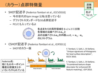 24 
距離 
画像 
MIL 
Machine Intelligence Lab. 
（カラー）点群特徴量 
• SHOT記述子[Federico Tombari et al., ECCV2010] 
– 今の世代のSpin Image（と私は思っている） 
– デファクトスタンダードな3D点群記述子 
– PCLにも入っているよ 
• CSHOT記述子[Federico Tombari et al., ICIP2011] 
– SHOTのカラー版 
色が 
ついた 
Federico氏： 
他にも3Dキーポイント 
徹底比較論文とか 
いろいろやられている 
各点まわりの局所領域を8 x 2 x 2 に分割 
各領域の法線ベクトル풏푣と 
푖 
点の法線ベクトル풏푢の内積푐표푠휃푖 = 풏푣푖 ∙ 풏푢 
のヒストグラム 
F. Tombari, S. Salti, L. Di Stefano. 
"Unique signatures of Histograms 
for local surface description", 
ECCV 2010. 
F. Tombari, S. Salti, L. Di Stefano. 
"A combined texture-shape 
descriptor for enhanced 3D 
feature matching", ICIP 2010. 
 