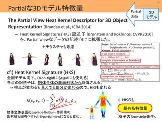 25 
MIL 
←ＨＫＳも 
Machine Intelligence Lab. 
Partialな3Dモデル特徴量 
The Partial View Heat Kernel Descriptor for 3D Object 
Representation [Brandao et al., ICRA2014] 
– Heat Kernel Signature (HKS) 記述子[Bronstein and Kokkinos, CVPR2010] 
を、Partial Viewなデータの記述向けに拡張した。 
Partial 
data 
３D 
モデル 
＋テクスチャも考慮 
cf.) Heat Kernel Signature (HKS) 
全周モデル向け。（non-rigidにもrigidにも使える） 
各点の記述子は、物体全体の表面形状から計算される。 
⇒ 視点が変わると見えてる部分が変わるので、HKSも変わる 
푘 푣푗 , 푣푠, 푡 = 
푁 
푖=1 
푒−휆푖푡휙푖,푗휙푖,푠 
物体全体表面のLaplace-Beltrami作用素の 
固有値と固有ベクトル←partial viewになると変化。 
超有名特徴量 
双子のBronstein先生s 
 