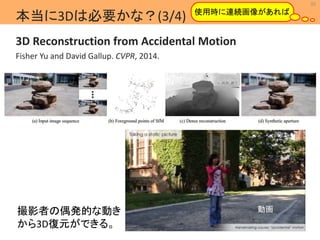 35 
使用時に連続画像があれば 
MIL 
Machine Intelligence Lab. 
本当に3Dは必要かな？(3/4) 
3D Reconstruction from Accidental Motion 
Fisher Yu and David Gallup. CVPR, 2014. 
撮影者の偶発的な動き 
から3D復元ができる。 
動画 
 