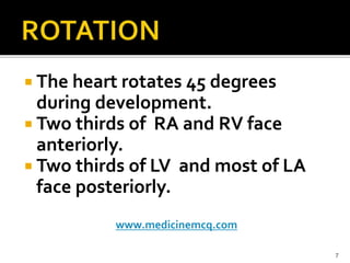  The heart rotates 45 degrees
during development.
 Two thirds of RA and RV face
anteriorly.
 Two thirds of LV and most of LA
face posteriorly.
www.medicinemcq.com
7
 