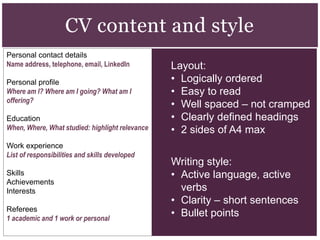 Personal contact details
Name address, telephone, email, LinkedIn
Personal profile
Where am I? Where am I going? What am I
offering?
Education
When, Where, What studied: highlight relevance
Work experience
List of responsibilities and skills developed
Skills
Achievements
Interests
Referees
1 academic and 1 work or personal
CV content and style
Layout:
• Logically ordered
• Easy to read
• Well spaced – not cramped
• Clearly defined headings
• 2 sides of A4 max
Writing style:
• Active language, active
verbs
• Clarity – short sentences
• Bullet points
 