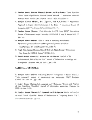 10
45. Sanjeev Kumar Sharma, Bhavnesh Kumar, and V.K.sharma “Parent Selection
Cluster Based Algorithm for Wireless Sensor Network " International Journal of
Mobile & Adhoc Network (IJMAN) Vol. 2 Issue. I (Feb 2012) pp 84-88
46. Sanjeev Kumar Sharma, S.C. Agrawal, and V.K.sharma “ Algorithmic
Approach to Improve the Performance of the Brain " International Journal Of
Computing (IJC) Vol. 1 Issue. 3 (Nov 2011) pp 376-379.
47. Sanjeev Kumar Sharma, “Fault Detection in PCB Using RMSE” International
Journal of Graphics & Image Processing (IJGIP) Vol. 1 Issue 1 August 2011 PP.
98 – 103.
48. Sanjeev Kumar Sharma “Role of HRIS in improving Modern HR-
Operations” journal of Review of Management, Sparataus India Vol.1
No.2(April-june 2011) ISSN: 2231-0487, pp 58-70.
49. Arpit Jain, Sanjeev Sharma, Rakesh Dwivedi, Adesh Kumar, “Network on
Chip Router for 2D Mesh Design”, IJCSIS -2010.
50. Sanjeev Kumar Sharma, S.C. Agrawal, and V.K.Sharma “Analysis of the
performance of Sankat-Mochan Sort” journal of Information technology and
Management December 2008, vol 5 No. 2, pp 77- 96.
NATIONAL JOURNALS:
43. Sanjeev Kumar Sharma and Abhay Saxena“ Management of Techno-Stress: A
Yogic Approach” journal of management and technology, OIMT Business
Review, Feb 2011, vol 1, pp 83-86.
44 . Sanjeev Kumar Sharma, S.C. Agrawal, and V.K.Sharma “Design and Analysis
of New Searching Algorithm” journal of Information technology, Pragyan, Jan
2009, vol 6, pp 58-66 .
45. Sanjeev Kumar Sharma, S.C. Agrawal, and V.K.Sharma “Design and Analysis
of Matrix Search Algorithm" Journal of Mathematics & Computing System. Vol. 2
No. I (January-June 2011) pp 7-15.
 