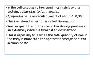 •In the cell cytoplasm, iron combines mainly with a
protein, apoferritin, to form ferritin.
•Apoferritin has a molecular weight of about 460,000
•This iron stored as ferritin is called storage iron
•Smaller quantities of the iron in the storage pool are in
an extremely insoluble form called hemosiderin.
•This is especially true when the total quantity of iron in
the body is more than the apoferritin storage pool can
accommodate
 