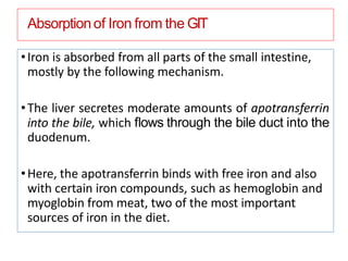 Absorptionof Iron from the GIT
•Iron is absorbed from all parts of the small intestine,
mostly by the following mechanism.
•The liver secretes moderate amounts of apotransferrin
into the bile, which ﬂows through the bile duct into the
duodenum.
•Here, the apotransferrin binds with free iron and also
with certain iron compounds, such as hemoglobin and
myoglobin from meat, two of the most important
sources of iron in the diet.
 