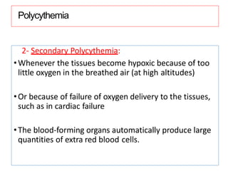 Polycythemia
2- Secondary Polycythemia:
•Whenever the tissues become hypoxic because of too
little oxygen in the breathed air (at high altitudes)
•Or because of failure of oxygen delivery to the tissues,
such as in cardiac failure
•The blood-forming organs automatically produce large
quantities of extra red blood cells.
 