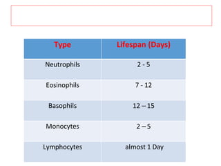 Type Lifespan (Days)
Neutrophils 2 - 5
Eosinophils 7 - 12
Basophils 12 – 15
Monocytes 2 – 5
Lymphocytes almost 1 Day
 