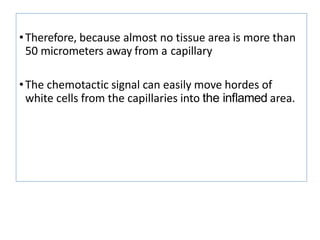 •Therefore, because almost no tissue area is more than
50 micrometers away from a capillary
•The chemotactic signal can easily move hordes of
white cells from the capillaries into the inﬂamed area.
 