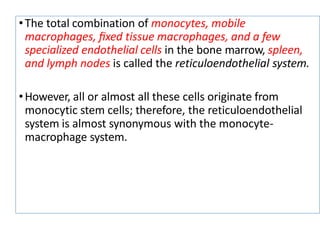 •The total combination of monocytes, mobile
macrophages, ﬁxed tissue macrophages, and a few
specialized endothelial cells in the bone marrow, spleen,
and lymph nodes is called the reticuloendothelial system.
•However, all or almost all these cells originate from
monocytic stem cells; therefore, the reticuloendothelial
system is almost synonymous with the monocyte-
macrophage system.
 