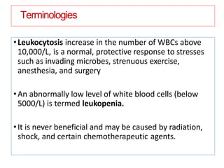 Terminologies
•Leukocytosis increase in the number of WBCs above
10,000/L, is a normal, protective response to stresses
such as invading microbes, strenuous exercise,
anesthesia, and surgery
•An abnormally low level of white blood cells (below
5000/L) is termed leukopenia.
•It is never beneficial and may be caused by radiation,
shock, and certain chemotherapeutic agents.
 