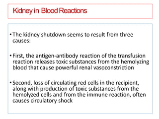 Kidneyin BloodReactions
•The kidney shutdown seems to result from three
causes:
•First, the antigen-antibody reaction of the transfusion
reaction releases toxic substances from the hemolyzing
blood that cause powerful renal vasoconstriction
•Second, loss of circulating red cells in the recipient,
along with production of toxic substances from the
hemolyzed cells and from the immune reaction, often
causes circulatory shock
 