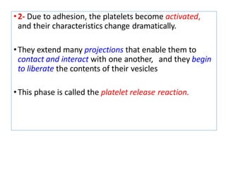 •2- Due to adhesion, the platelets become activated,
and their characteristics change dramatically.
•They extend many projections that enable them to
contact and interact with one another, and they begin
to liberate the contents of their vesicles
•This phase is called the platelet release reaction.
 