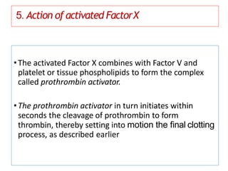 5. Action of activated FactorX
•The activated Factor X combines with Factor V and
platelet or tissue phospholipids to form the complex
called prothrombin activator.
•The prothrombin activator in turn initiates within
seconds the cleavage of prothrombin to form
thrombin, thereby setting into motion the ﬁnal clotting
process, as described earlier
 