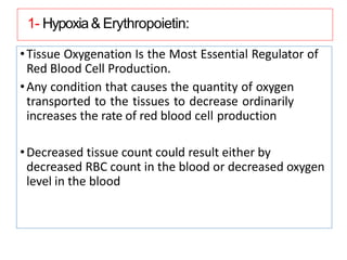 1- Hypoxia& Erythropoietin:
•Tissue Oxygenation Is the Most Essential Regulator of
Red Blood Cell Production.
•Any condition that causes the quantity of oxygen
transported to the tissues to decrease ordinarily
increases the rate of red blood cell production
•Decreased tissue count could result either by
decreased RBC count in the blood or decreased oxygen
level in the blood
 