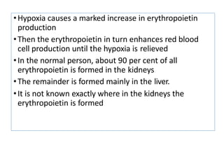 •Hypoxia causes a marked increase in erythropoietin
production
•Then the erythropoietin in turn enhances red blood
cell production until the hypoxia is relieved
•In the normal person, about 90 per cent of all
erythropoietin is formed in the kidneys
•The remainder is formed mainly in the liver.
•It is not known exactly where in the kidneys the
erythropoietin is formed
 