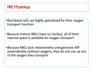RBCPhysiology
•Red blood cells are highly specialized for their oxygen
transport function.
•Because mature RBCs have no nucleus, all of their
internal space is available for oxygen transport.
•Because RBCs lack mitochondria and generate ATP
anaerobically (without oxygen), they do not use up any
of the oxygen they transport
 