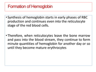 Formation of Hemoglobin
•Synthesis of hemoglobin starts in early phases of RBC
production and continues even into the reticulocyte
stage of the red blood cells.
•Therefore, when reticulocytes leave the bone marrow
and pass into the blood stream, they continue to form
minute quantities of hemoglobin for another day or so
until they become mature erythrocytes
 