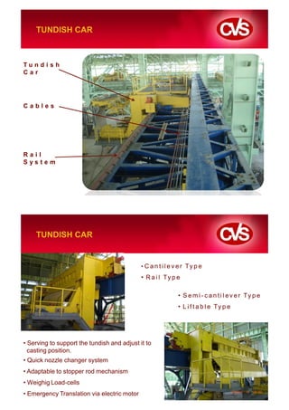 TUNDISH CAR



Tu n d i s h
Car




Cables




Rail
System




    TUNDISH CAR


                                             • C a n t i l e v e r Ty p e

                                             • R a i l Ty p e

                                                              • S e m i - c a n t i l e v e r Ty p e
                                                              • L i f t a b l e Ty p e




• Serving to support the tundish and adjust it to
  casting position.
• Quick nozzle changer system
• Adaptable to stopper rod mechanism
• Weighig Load-cells
• Emergency Translation via electric motor
 