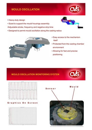 MOULD OSCILLATION


• Heavy-duty design
• Sized to support the mould housings assembly
•Adjustable stroke, frequency and negative strip time
• Designed to permit mould oscillation along the casting radius


                                                   • Easy access to the mechanism
                                                        itself
                                                   • Protected from the cooling chamber
                                                    environment
                                                   • Allowing for fast and precise
                                                    positioning




    MOULD OSCILLATION MONITORING SYSTEM




                                                                        Mould
                                            Sensor




Graphics On Screen
 