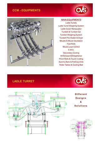 CCM - EQUIPMENTS


                      MAIN EQUIPMENTS
                           Ladle Turrets
                   Ladle Turret Weighing System
                     Ladle Cover Manipulator
                      Tundish & Tundish Car
                    Tundish Weighing System
                    Tundish Pre-Heater & Dryer
                    Moulds & Mould Oscillation
                            Foot Rolls
                       Mould Level Control
                              E.M.S.
                        Secondary Cooling
                     Withdrawal &Straightener
                   Pinch Rolls & Tourch Cutting
                   Dummy Bars & Parking Units
                    Roller Tables & Cooling Bed




LADLE TURRET



                                       Different
                                         Designs
                                             &
                                       Solutions
 