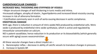 CARDIOVASCULAR CHANGES :
INCREASED WALL THICKENING AND STIFFFNESS OF VESSELS
• Major structural changes of wall thickening in tunic media and intima.
•Increased collagen, atrophy of elastin , hyperlipidemia and increased blood viscosity causing
increase in risk of atheroma formation.
• Calcification commonly seen in arch of aorta causing decrease in aortic compliance.
ENDOTHELIAL DAMAGE
With age, there is reduction in amount of nitric oxide( NO) produced by endothelial cells. Nitric
oxide is produced by endothelial nitric oxide synthatase, which is active and regulated by
intracellular concentration on calcium.
NO is potent vasodilator, hence reduction in its production or its bioavailability (which generally
occurs with aging) causes vasoconstriction.
All these vascular changes have a direct impact on –
1. Baroreceptor reflex – decrease in ability of calcific vessels to transduce changes in pressure.
2. Increase in Systolic BP.
 