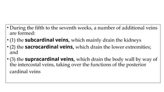 • During the fifth to the seventh weeks, a number of additional veins
are formed:
• (1) the subcardinal veins, which mainly drain the kidneys
• (2) the sacrocardinal veins, which drain the lower extremities;
and
• (3) the supracardinal veins, which drain the body wall by way of
the intercostal veins, taking over the functions of the posterior
cardinal veins
 
