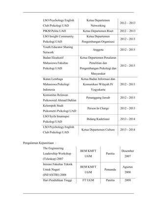LSO Psychology English
Club Psikologi UAD
PIKM Pelita UAD
LSO Insight Community
Psikologi UAD

Ketua Departemen
Networking
Ketua Departemen Riset
Ketua Departemen
Pengembangan Organisasi

Youth Educator Sharing

Anggota

Network
Badan Eksekutif
Mahasiswa Fakultas
Psikologi UAD

2012 – 2013
2012 – 2013
2012 - 2013

2012 - 2013

Ketua Departemen Penalaran
Penelitian dan
Pengembangan Psikologi dan

2012 - 2013

Masyarakat
Ikatan Lembaga
Mahasiswa Psikologi
Indonesia
Komunitas Relawan
Psikososial Ahmad Dahlan
Kelompok Studi
Psikometri Psikologi UAD
LSO Syifa Imamupsi
Psikologi UAD
LSO Psychology English
Club Psikologi UAD

Ketua Badan Informasi dan
Komunikasi Wilayah IV

2012 - 2013

Yogyakarta
Penanggung Jawab

2012 - 2013

Person In Charge

2012 - 2013

Bidang Kaderisasi

2013 - 2014

Ketua Departemen Culture

2013 - 2014

Pengalaman Kepanitiaan :
The Engineering
Leadersihip Workshop
(Teleskop) 2007
Inisiasi Fakultas Teknik
Untuk Negeri
(INFANTRI) 2008
Hari Pendidikan Tinggi

BEM KMFT
UGM

BEM KMFT
UGM
FT UGM

Panitia

Pemandu

Panitia

Desember
2007

Agustus
2008
2009

 