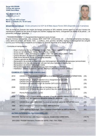 SITUATION ACTUELLE : Grutier portuaire à la CCIT de St-Malo depuis Février 2003 (Disponible sous 4 semaines)
70% de temps de conduite des engins de levage portuaires et 30% restants comme agent au sol pour travaux de
maintenance curatifs sur les grues et engins de chantier (réglage des freins, changement de câbles et de pièces...) et
préventifs (nettoyage, graissage ...)
- TRANSBORDEMENT => chargement/déchargement navire de type :
Engrais minéraux (phosphate, urée, potasse, MCP, DCP,TSP, ammonitrate, sel ...); Denrées alimentaires (tourteaux,
colza, farine de poisson, blé tendre, maïs ...); Cailloux , bois, granites, ferrailles, big/bag et déchargement de congelé
(surimi) pour l'entreprise Comapêche sur le bateau la "Grande Hermine" et le Joseph Rothy II.
- Conduites et manipulations :
- Engin d’extraction et / ou chargement de type Pelle (70tns) : Liebherr (A 954 B Litronic)
- Grues sur rail (électrique) : Mofag (Mohr), Peiner, Caillard
- Grues mobile : Labor, Sennebogen, Liebherr (150 / 180 LHM), Italgru (IMHC 1360)
- Chariot élévateur de capacité supérieure et inférieure à 6 000 Kg
- Plate forme élévatrice mobile de personnel (Nacelle)
- Tracteur agricole de plus 50 CV
- Manipulation de pompes mobiles à eau pour déchargement de matières dangereuses (ammonitrate)
- Manipulation d’un slip way (barge sur rail avec ber) pour bateaux et mise au sec
- Manipulation de trémies hydraulique mobile
- Manipulation d'un engin de chargement sur tapis (sauterelle = > conveyor)
- Habilitation : Gestes et postures, harnais, électrique (HOV/BO), soudure (initiation)
EXAMENS ET FORMATIONS (CACES à jour) :
2010 CACES R377 (revalidation GME cabine et sol plus GMA sol à FORGET-FORMATION) (35)
2009 CACES CAT. 2 - Engin d’extraction et ou chargement de type pelle (35)
CACES CAT. 1A Grue treillis automotrice
Formation à la conduite d’engin de chantier CAT.8 (R.372 modifiée) (35)
2008 CACES CAT. 2C Grue spéciale sur bandage ou sur rail (35)
CACES CAT. 4 Chariot élévateur en porte à faux de capacité supérieure à 6 000 KG
2007 Permis Poids lourd CAT C et EC (35)
2004 CACES CAT.3 Chariot élévateur en porte à faux de capacité inférieur à 6 000 KG (35)
CACES CAT. 3B Plateforme élévatrice mobile de personnel
2001 CACES Grue à tour GMA/GMA: Conduite au sol et en cabine en AFT-IFTIM Voiron (38)
1998 BPA d’entrepreneur Travaux forestiers MFR de Pointel (61)
1997 CAPA abattage façonnage : Option employé d’exploitation en MFR à Marlhes (42)
AUTRES EXPERIENCES PROFESSIONNELLES :
1993/2002 Barman/serveur, aide maçon/manœuvre, Grutier à tour (GME/GMA) (14-74)
2001/2002 Pompier volontaire (Titulaire de l’AFPS / PSE / FIA / PSR) (74)
Serge HALGRAIN
15 Rue des ajoncs
35400 Saint-Malo
Tel : 06 68 51 06 73
ssslfamilly@live.fr
Né le 17 juin 1973 à Caen
Marié / 3 enfants (14, 10 et 4 ans)
 