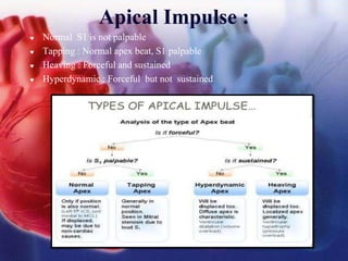 Apical Impulse :
 Normal S1 is not palpable
 Tapping : Normal apex beat, S1 palpable
 Heaving : Forceful and sustained
 Hyperdynamic : Forceful but not sustained
 