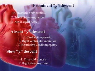 Prominent “y” descent
1. Constrictive pericarditis.
2. Tricuspid regurgitation.
3. Atrial septal defect.
1. Cardiac tamponade.
2. Right ventricular infarction
3. Restrictive Cardiomyopathy
Absent “y” descent
Slow “y” descent
1. Tricuspid stenosis.
2. Right atrial myxoma.
 