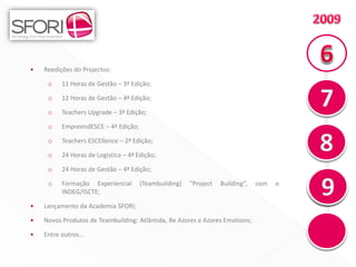 •   Reedições do Projectos:

     o    11 Horas de Gestão – 3ª Edição;

     o    12 Horas de Gestão – 4ª Edição;

     o    Teachers Upgrade – 3ª Edição;

     o    EmpreendESCE – 4ª Edição;

     o    Teachers ESCEllence – 2ª Edição;

     o    24 Horas de Logística – 4ª Edição;

     o    24 Horas de Gestão – 4ª Edição;

     o    Formação Experiencial       (Teambuilding)   “Project   Building”,   com   o
          INDEG/ISCTE;

•   Lançamento da Academia SFORI;

•   Novos Produtos de Teambuilding: Atlântida, Be Azores e Azores Emotions;

•   Entre outros…
 
